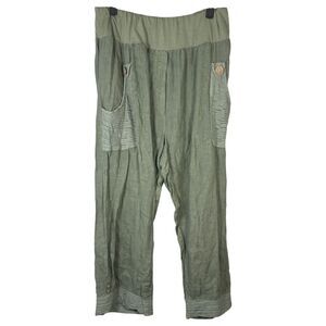 Made in Italy 100% Linen Green Flowy Lagenlook Cropped Wide Leg Pants Large XL